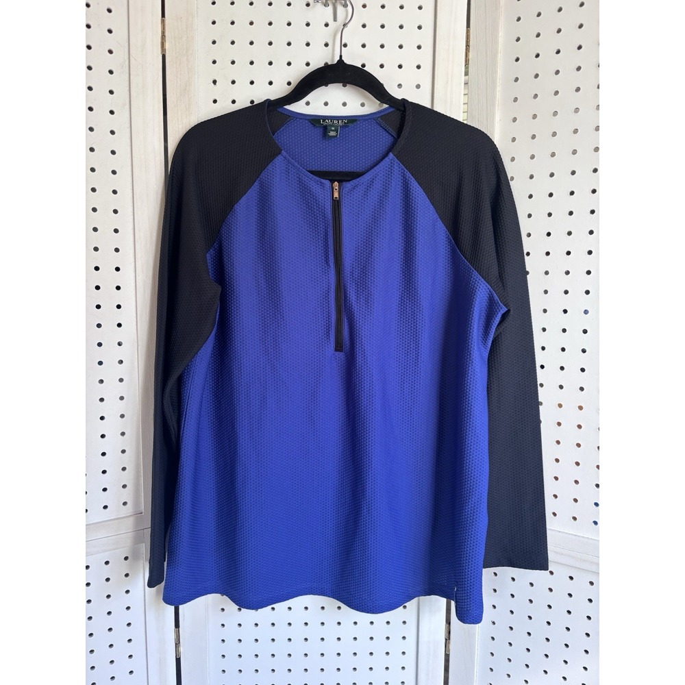 Lauren Ralph Lauren Womens 1X 1/4 Zip Active Long SLV Shirt Stretch Blue Black